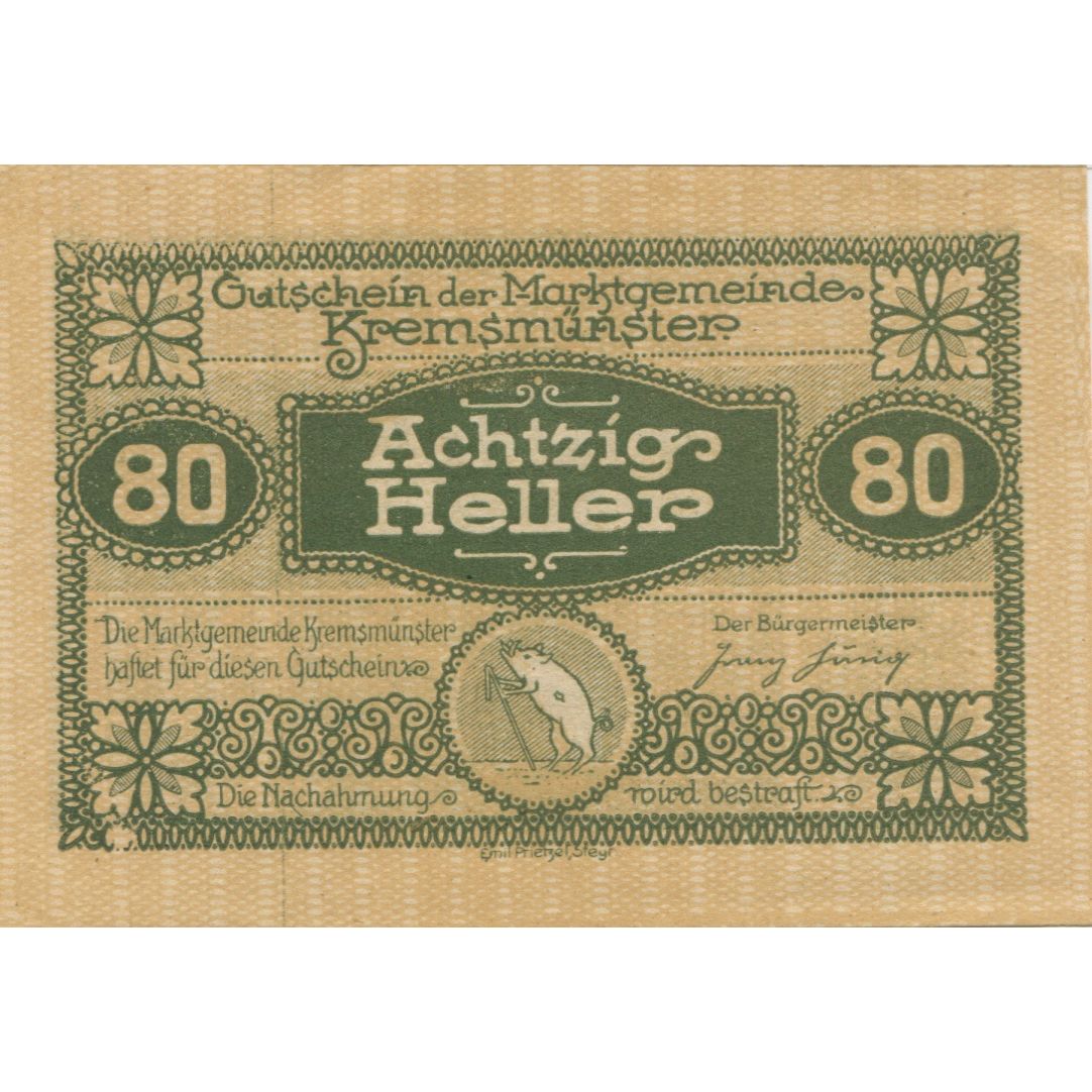 Banknote, Austria, Kremsmunster, 80 Heller, château, 1920 UNC(63) Mehl:FS 476II