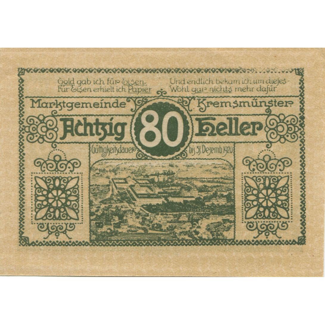 Banknote, Austria, Kremsmunster, 80 Heller, château, 1920 UNC(63) Mehl:FS 476II