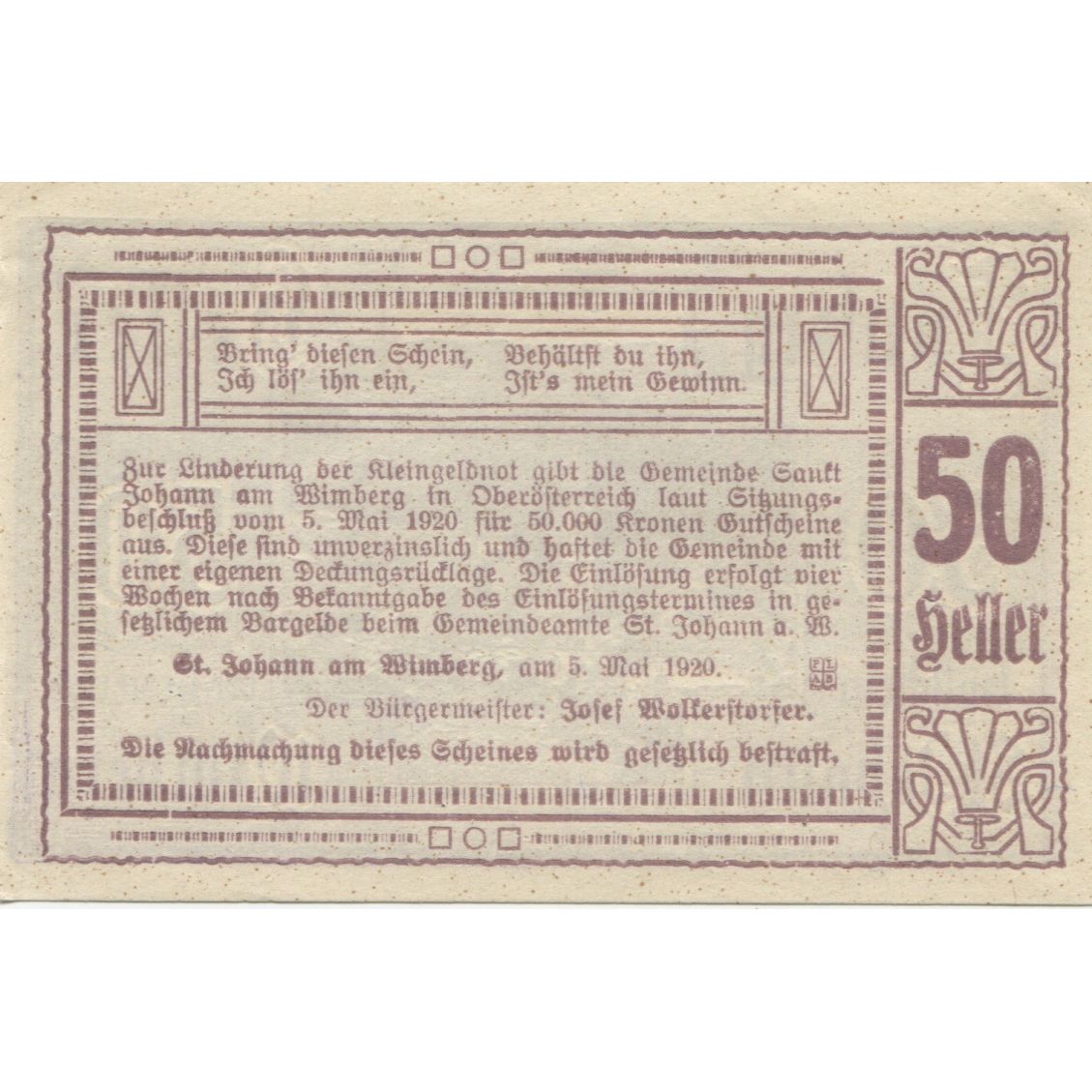 Banknote, Austria, St Johann, 50 Heller, village, 1920, UNC(63), Mehl:FS 894ab