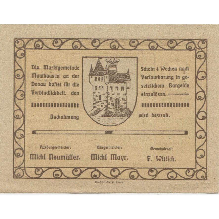 Geldschein, Österreich, Mauthausen, 20 Heller, Eglise 1920 UNZ- Mehl:FS 334