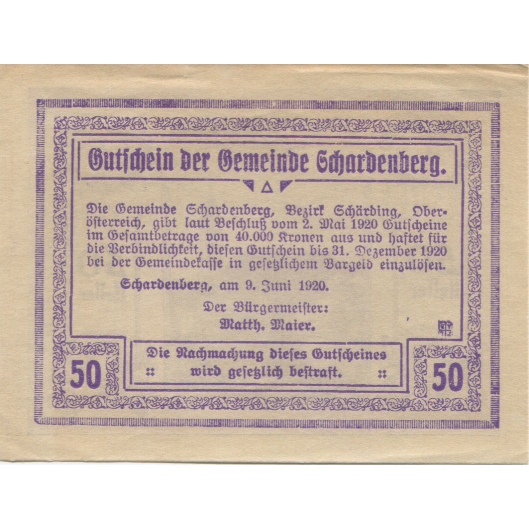 Banknote, Austria, Schardenberg, 50 Heller, Eglise, 1920 UNC(63) Mehl:FS 954c