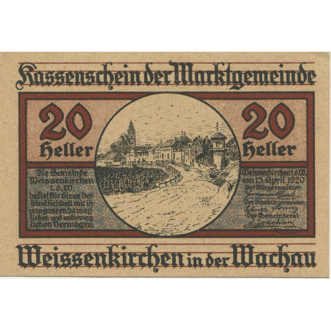 Banknote, Austria, Weissenkirchen, 20 Heller, route, 1920 UNC(63) Mehl:FS 1158