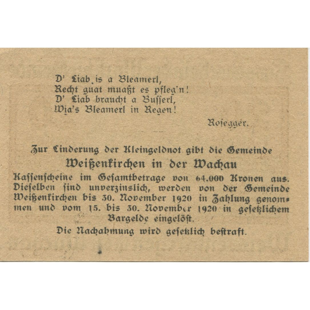 Banknote, Austria, Weissenkirchen, 20 Heller, route, 1920 UNC(63) Mehl:FS 1158