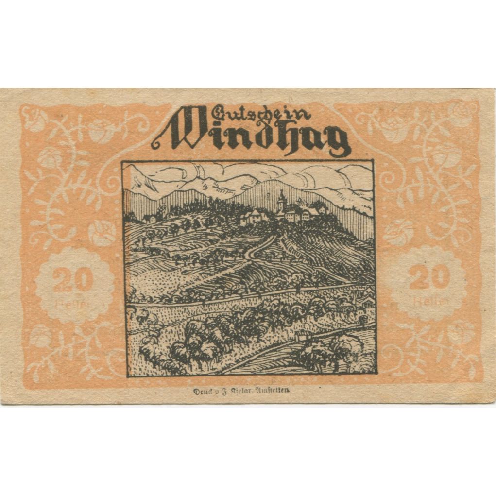 Banknote, Austria, Windhag, 20 Heller, paysage, 1920 UNC(63) Mehl:FS 1244c