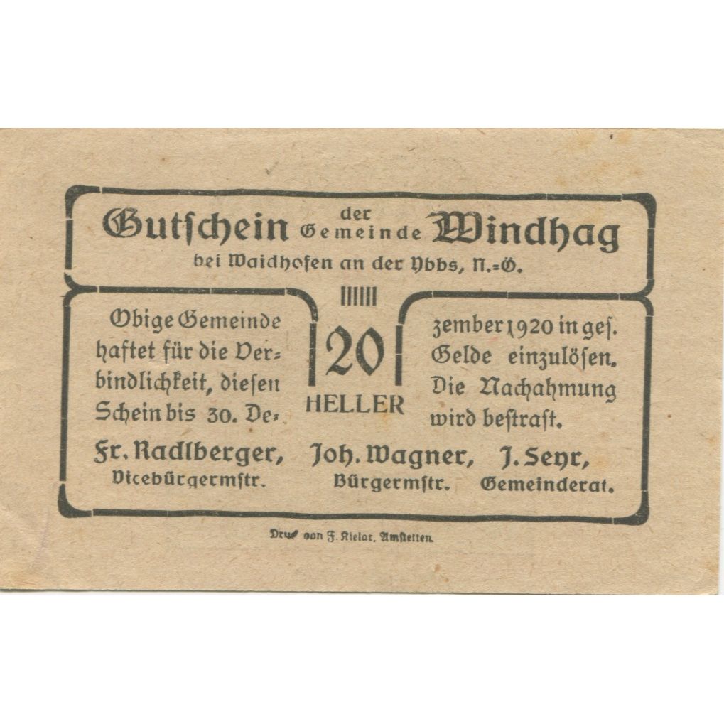 Banknote, Austria, Windhag, 20 Heller, paysage, 1920 UNC(63) Mehl:FS 1244c