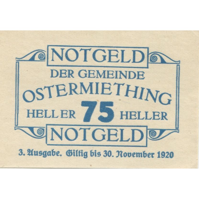 Banknot, Austria, Ostermiething, 75 Heller, Texte 1920, UNC(63) Mehl:FS 713IIa