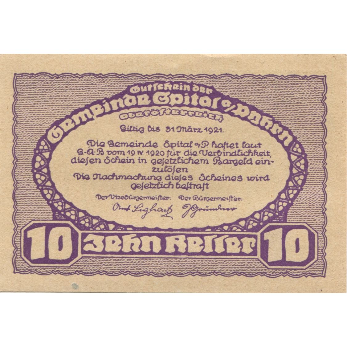 Banknote, Austria, Spital am Pyhrn 10Heller village 1921 UNC(63) Mehl:FS 1007Ia