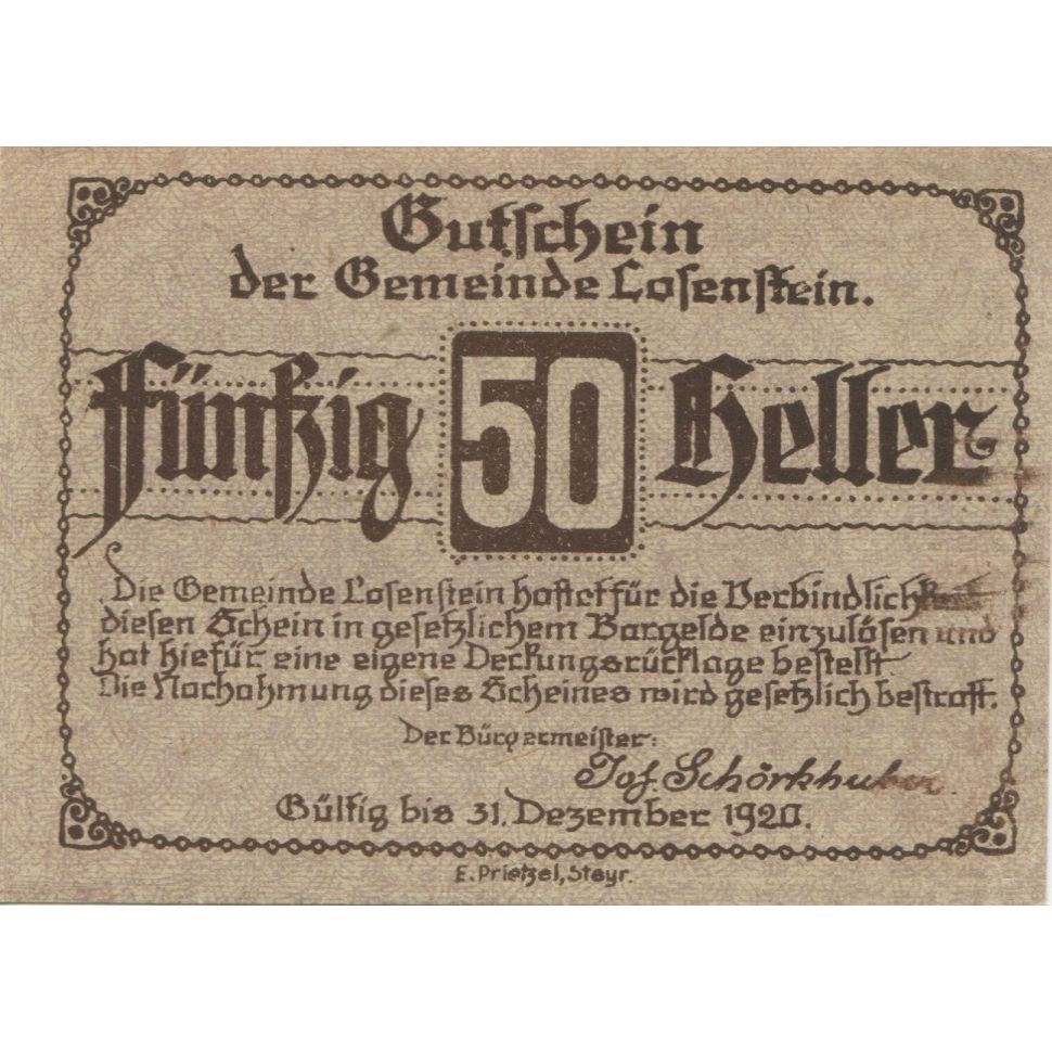 Banknot, Austria, Losenstein, 50 Heller, pont 1920-12-31, UNC(63) Mehl:FS 566