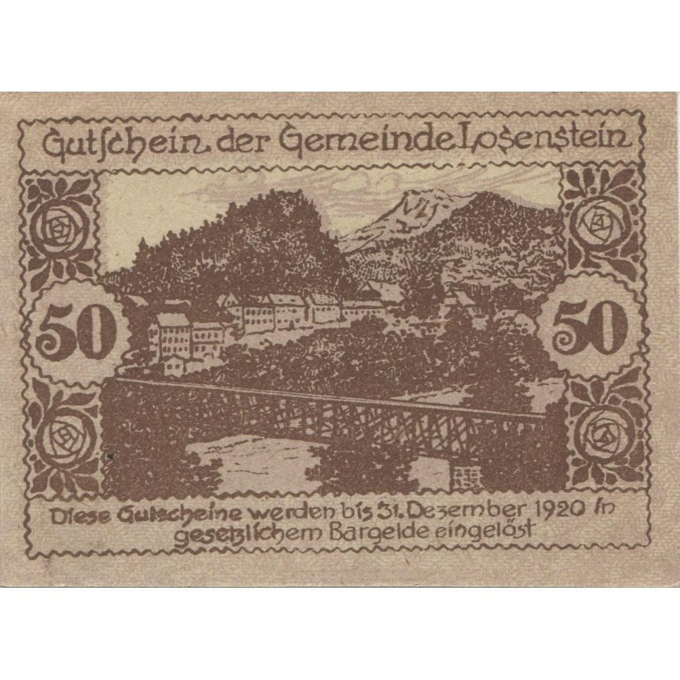 Banknot, Austria, Losenstein, 50 Heller, pont 1920-12-31, UNC(63) Mehl:FS 566