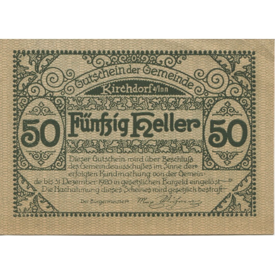 Banknot, Austria, Kirchdorf, 50 Heller, Eglise 1920-12-31, UNC(63) Mehl:FS 444c