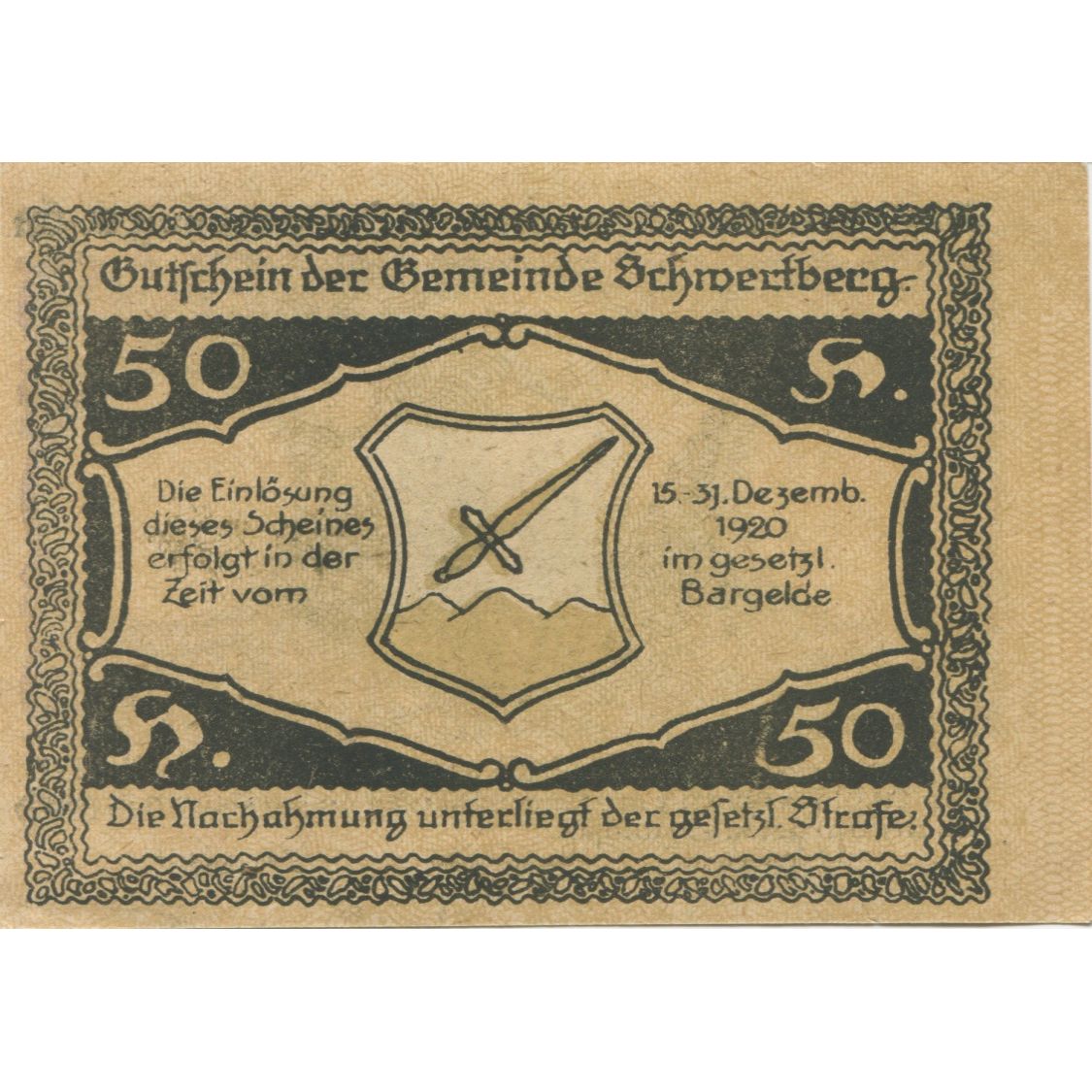 Banknot, Austria, Schwertberg, 50 Heller, épée 1920-12-31, UNC(63) Mehl:FS 984Ia