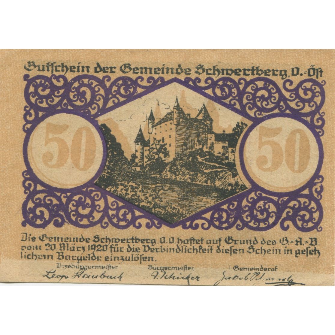 Banknot, Austria, Schwertberg, 50 Heller, épée 1920-12-31, UNC(63) Mehl:FS 984Ia