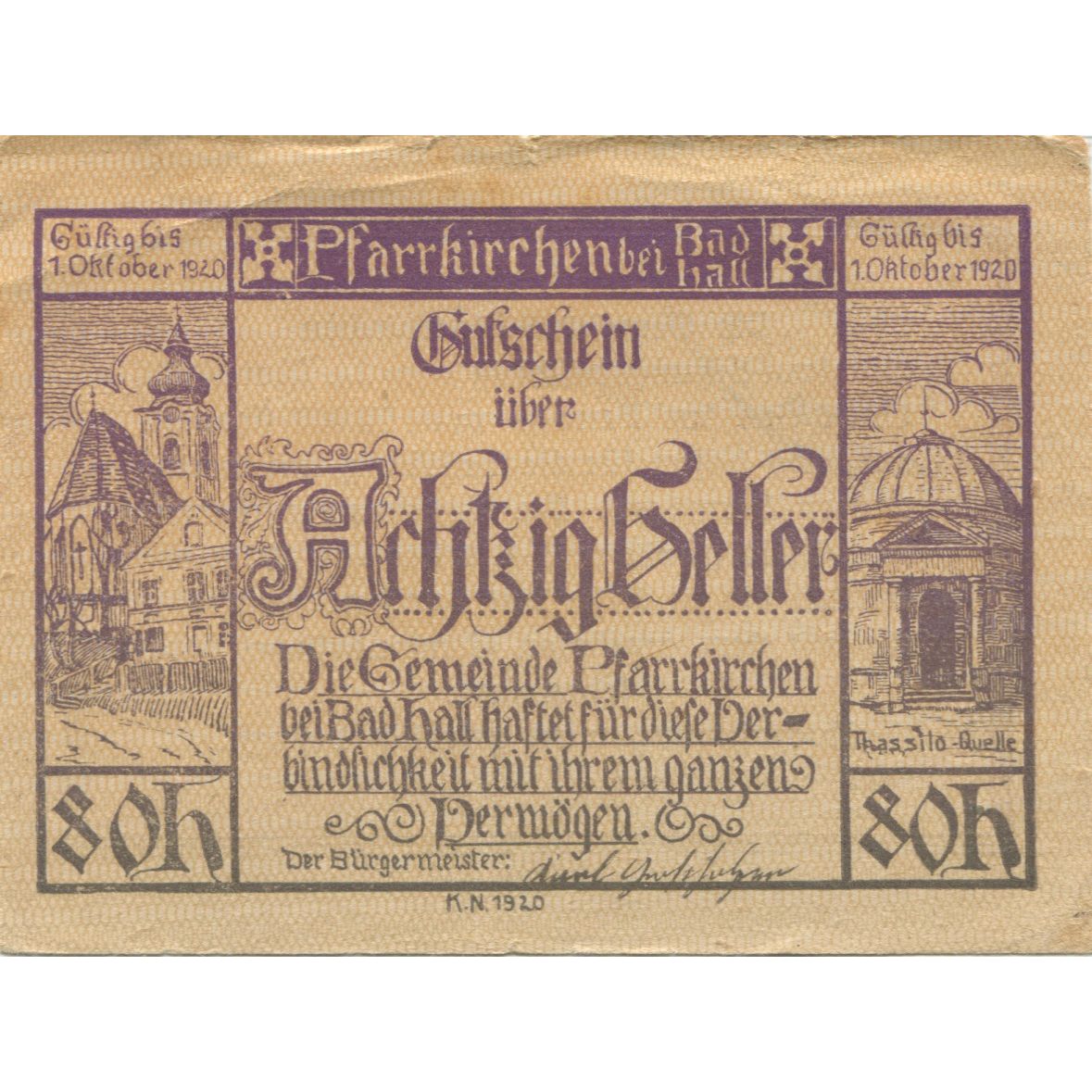 Banknote, Austria, Pfarrkirchen, 80 Heller, Eglise, 1920 UNC(63) Mehl:FS 743b