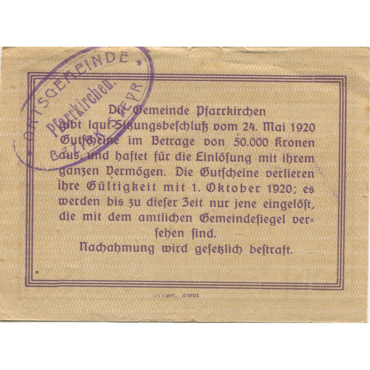 Banknote, Austria, Pfarrkirchen, 80 Heller, Eglise, 1920 UNC(63) Mehl:FS 743b