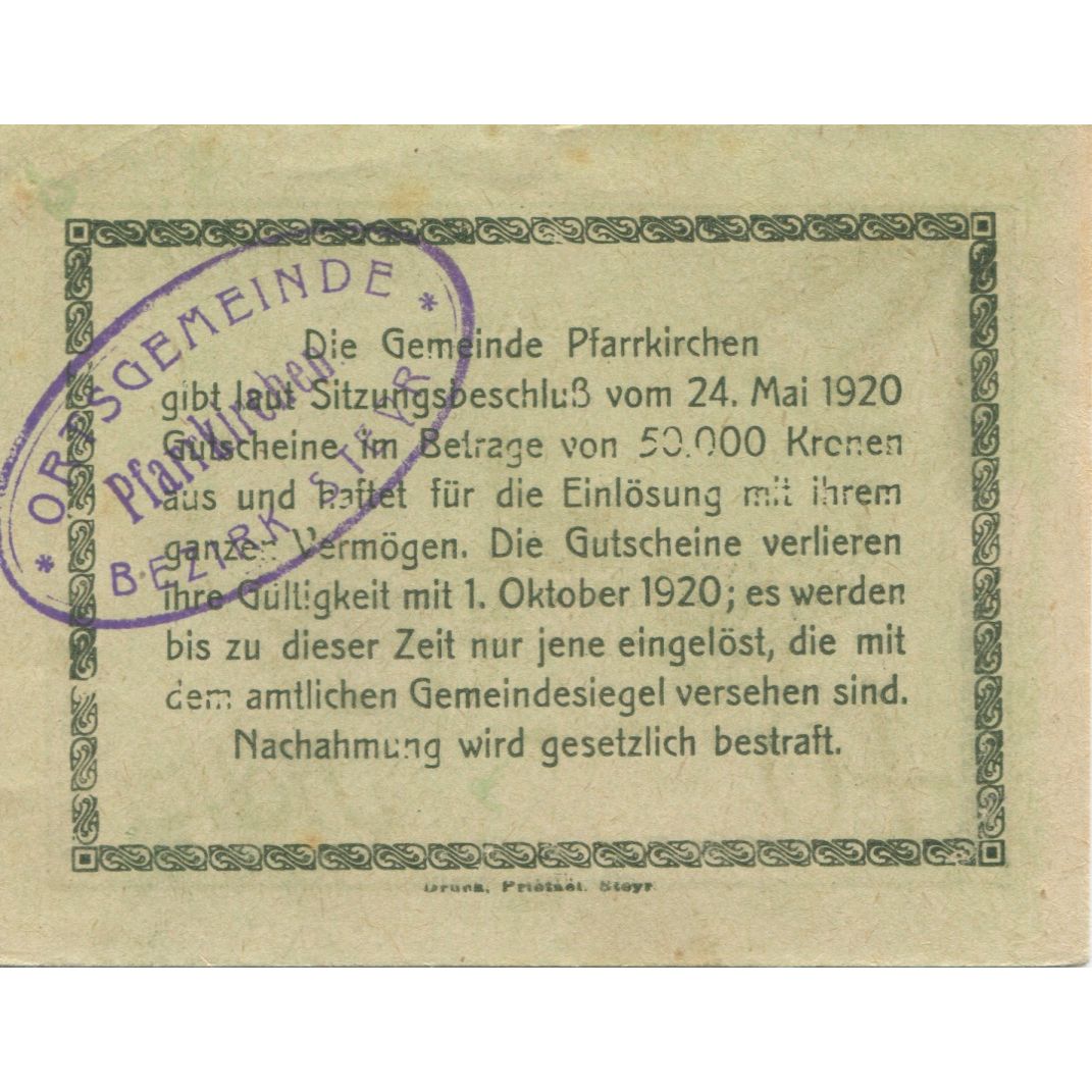 Banknote, Austria, Pfarrkirchen, 40 Heller, Eglise, 1920 UNC(63) Mehl:FS 743b