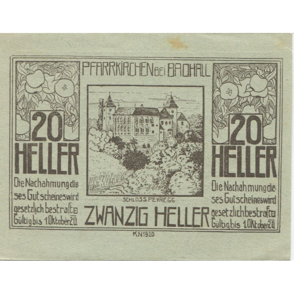 Billet, Autriche, Pfarrkirchen, 20 Heller, château, 1920 SPL Mehl:FS 743b
