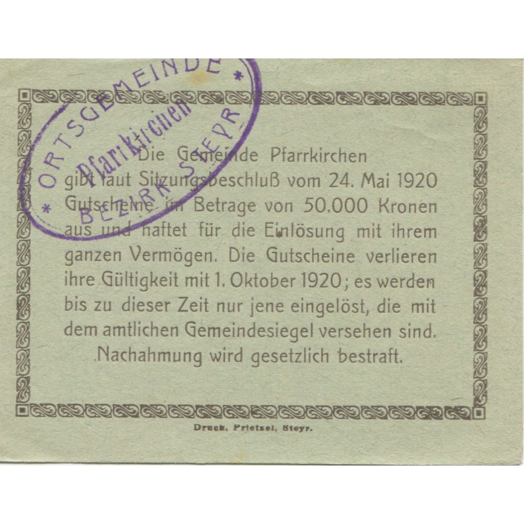 Billet, Autriche, Pfarrkirchen, 20 Heller, château, 1920 SPL Mehl:FS 743b