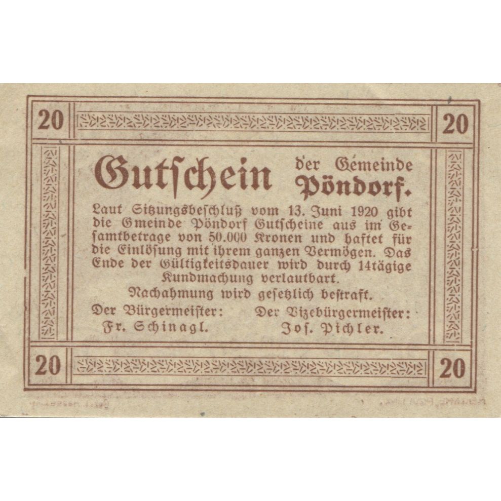 Banknote, Austria, Pöndorf, 20 Heller, paysage, 1920, UNC(63), Mehl:FS 757d