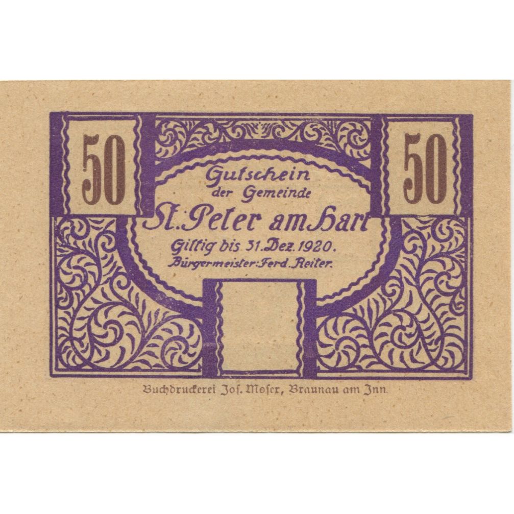 Banknote, Austria, St Peter am Hart 50Heller village 1920 UNC(63) Mehl:FS 925b