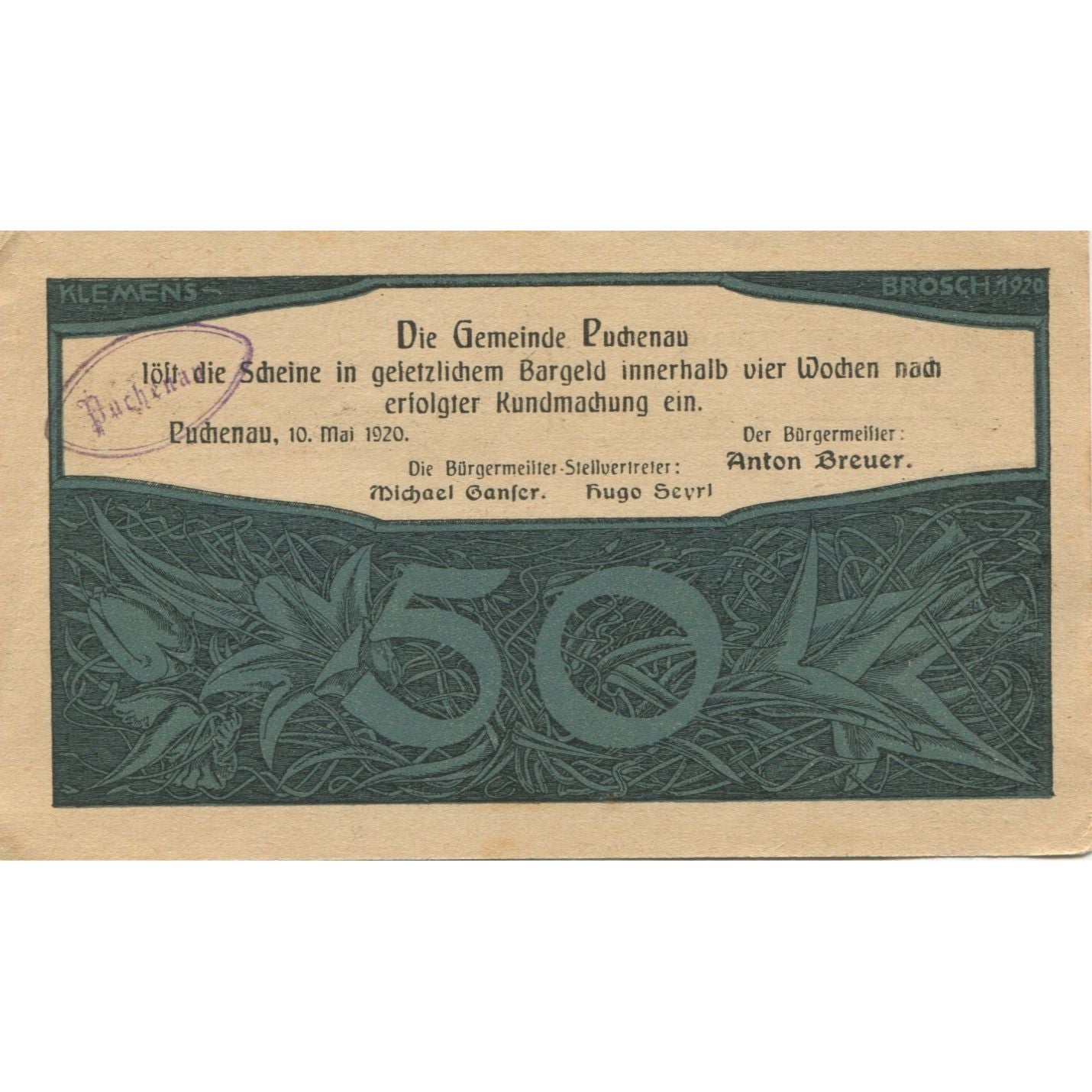 Banknote, Austria, Puchenau, 50 Heller, fleuve, 1920, AU(55-58), Mehl:FS 788IIb