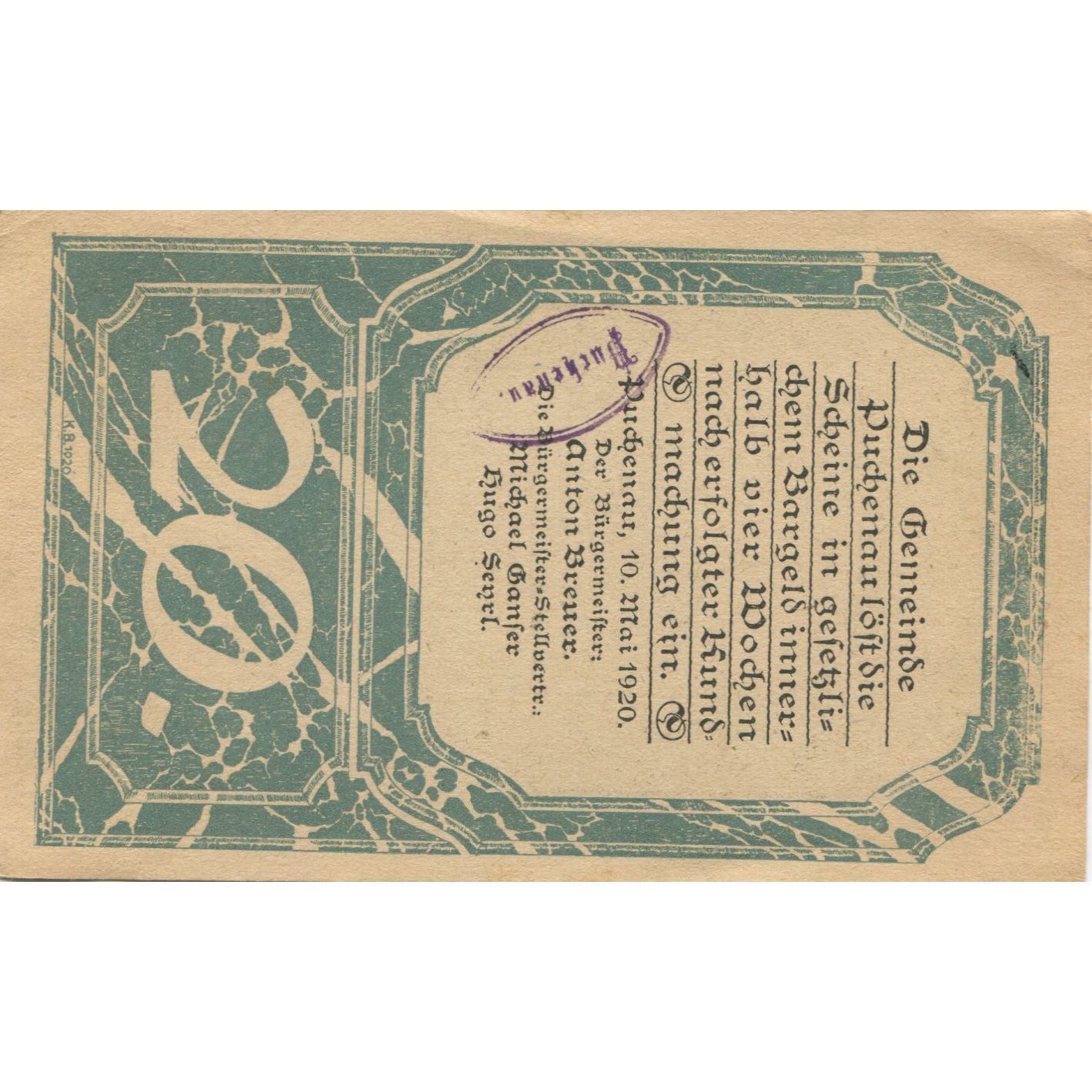 Banconote, Austria, Puchenau, 20 Heller, paysage, 1920, SPL-, Mehl:FS 788IIb