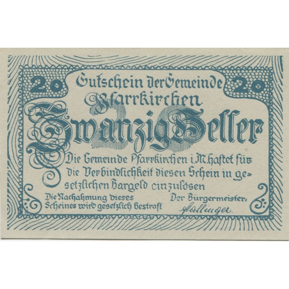 Banknote, Austria, Pfarrkirchen, 20 Heller, Eglise, 1920 UNC(63) Mehl:FS 743b
