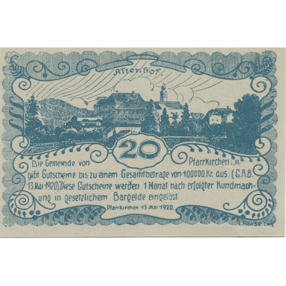 Banknote, Austria, Pfarrkirchen, 20 Heller, Eglise, 1920 UNC(63) Mehl:FS 743b