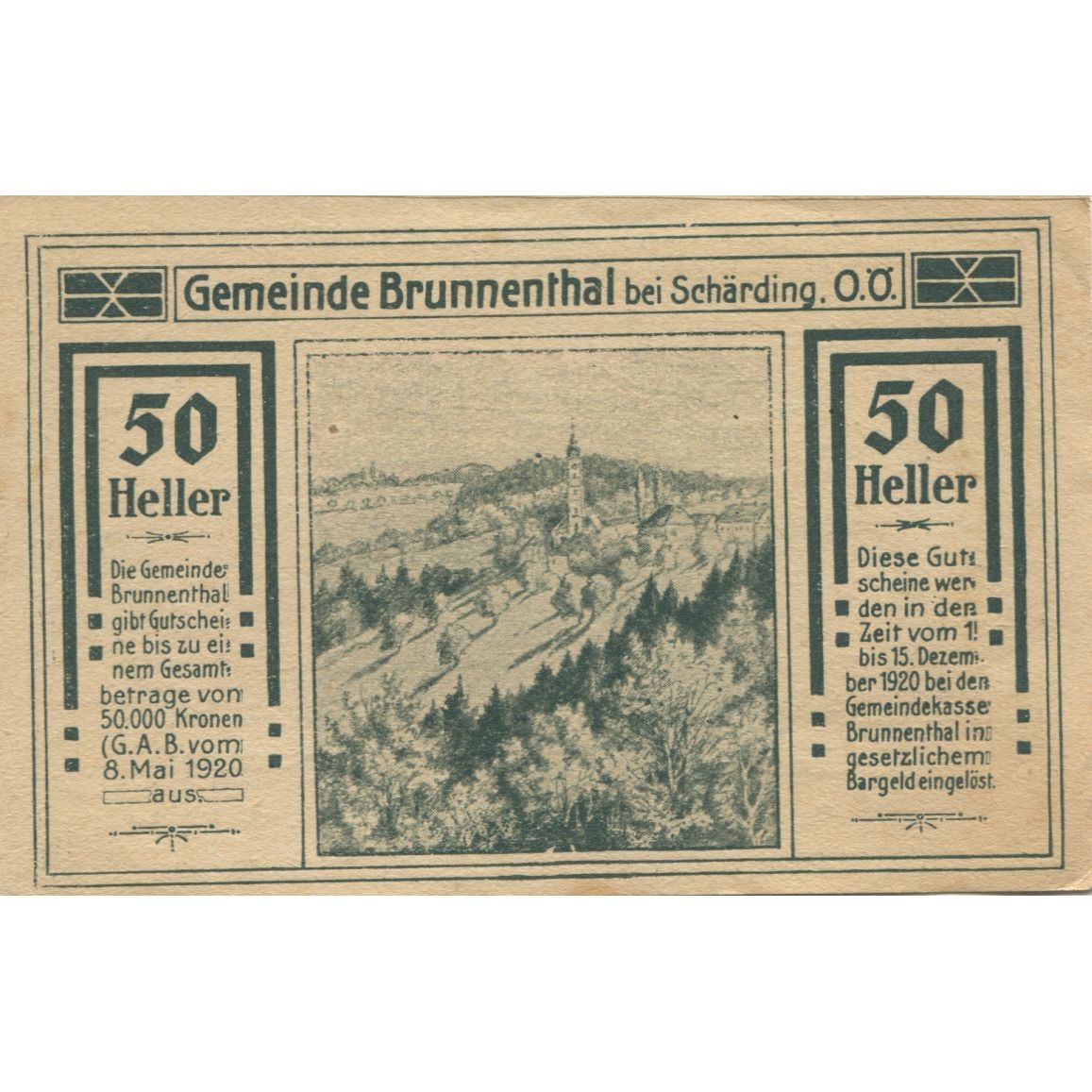 Geldschein, Österreich, Schärding, 50 Heller, paysage, 1920 VZ Mehl:FS 951I