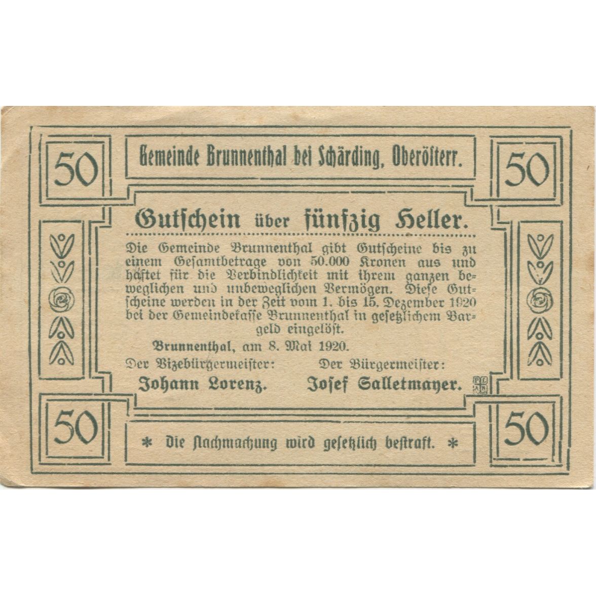 Geldschein, Österreich, Schärding, 50 Heller, paysage, 1920 VZ Mehl:FS 951I