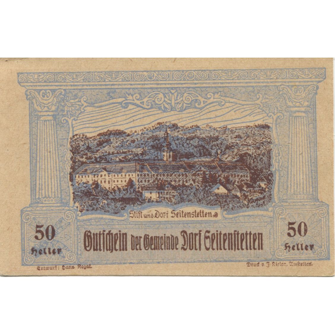 Banknote, Austria, Seitenstetten, 50 Heller, paysage, 1920 UNC(63) Mehl:FS 989b