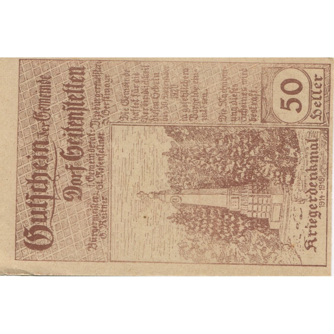 Banknote, Austria, Seitenstetten, 50 Heller, paysage, 1920 UNC(63) Mehl:FS 989b