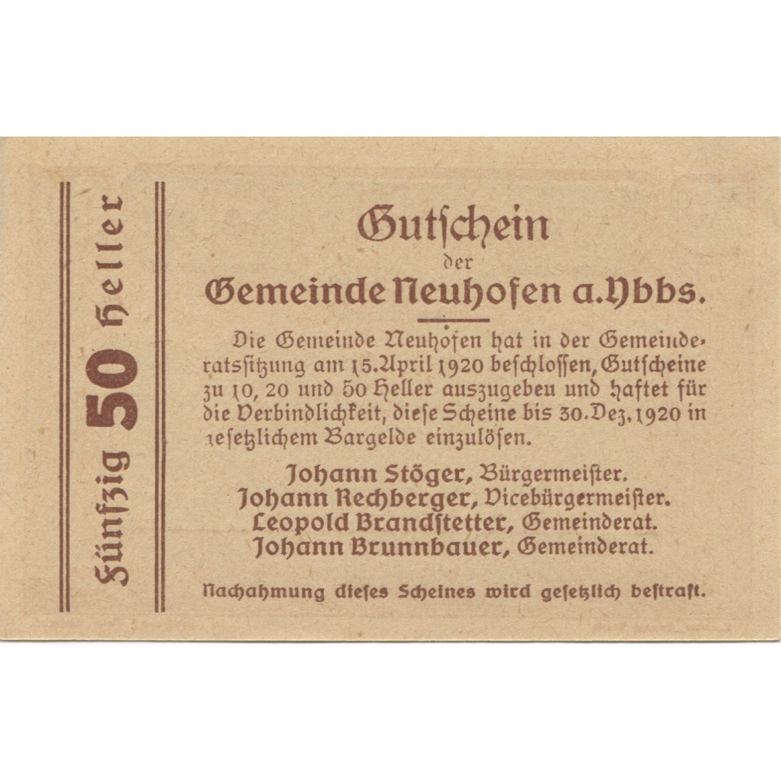 Banknot, Austria, Neuhofen, 50 Heller, village 1920-12-30, UNC(63) Mehl:FS 648a