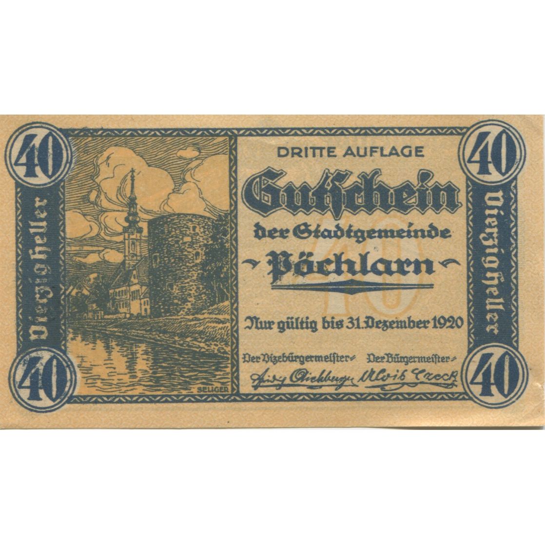 Banknote, Austria, Pochlarn, 40 Heller, château, 1920, UNC(63) Mehl:FS 457a
