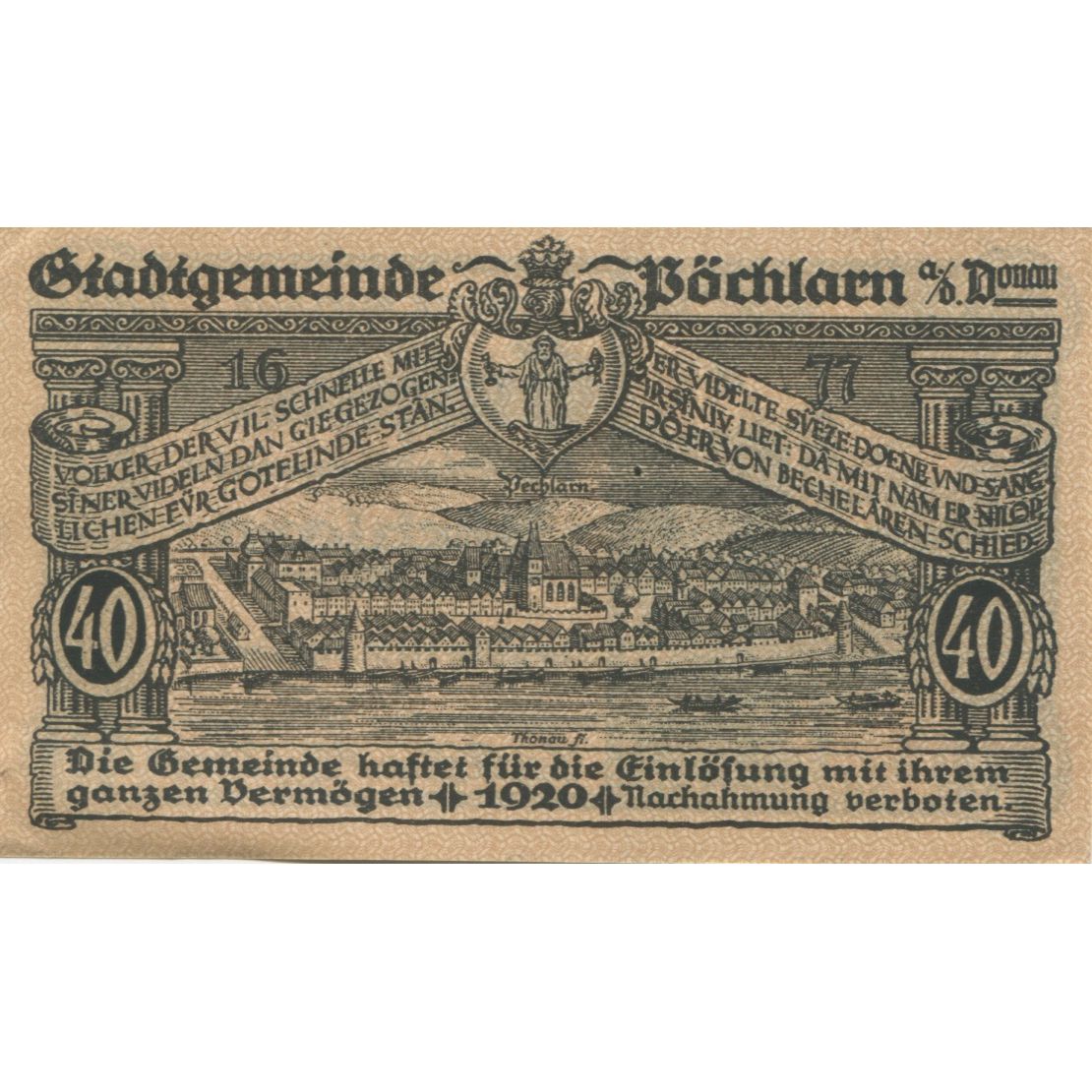Banknote, Austria, Pochlarn, 40 Heller, château, 1920, UNC(63) Mehl:FS 457a