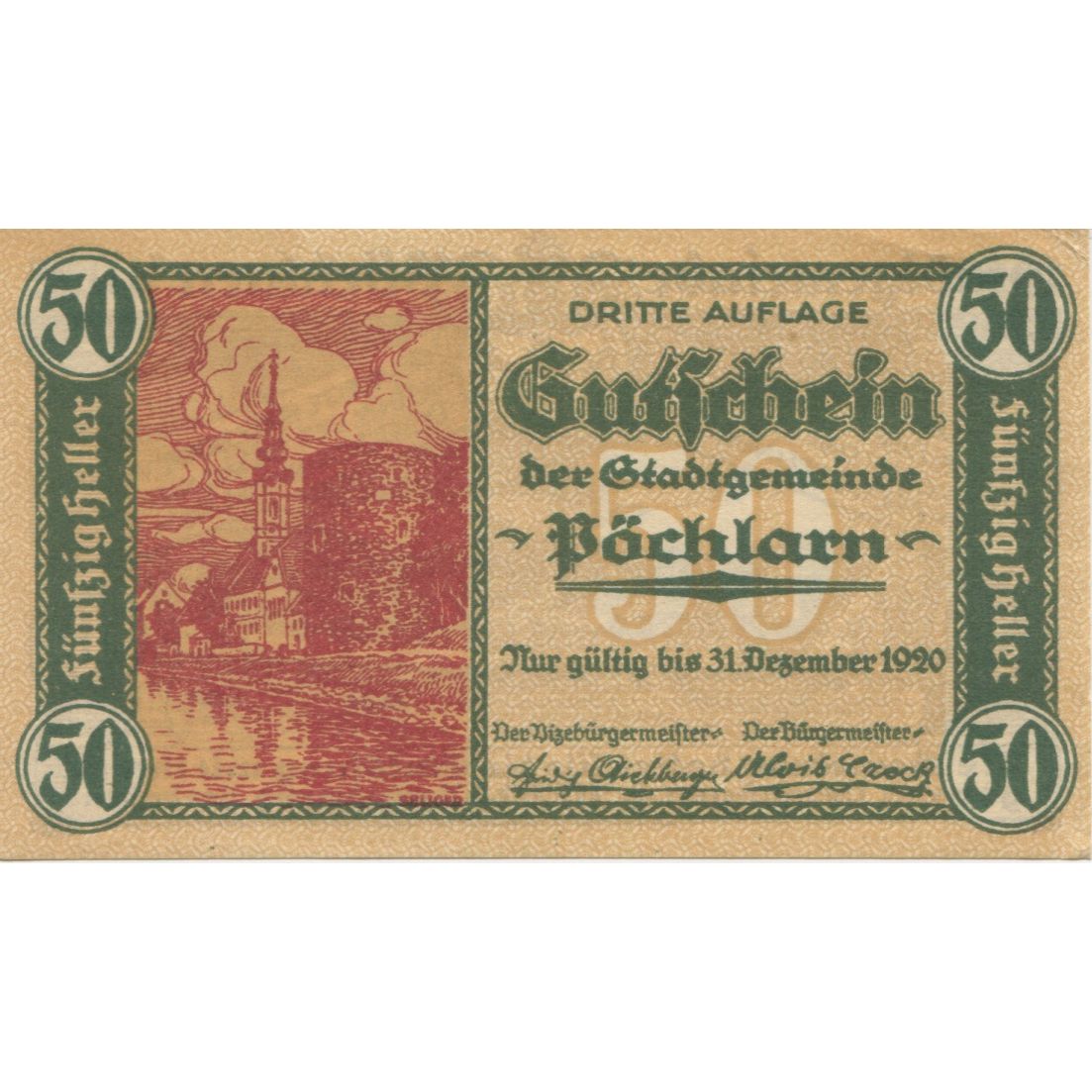 Geldschein, Österreich, Pochlarn, 50 Heller, château, 1920, UNZ- Mehl:FS 457a