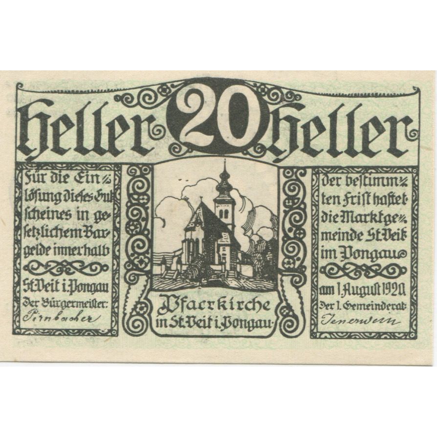 Banknote, Austria, St Veit, 20 Heller, Eglise 1920-12-31, UNC(63) Mehl:FS 944a