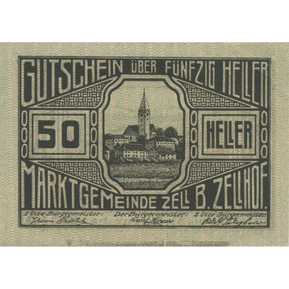 Banknote, Austria, Zell B. Zellhof, 50 Heller, Eglise 1920 UNC(63) Mehl:FS 1274a