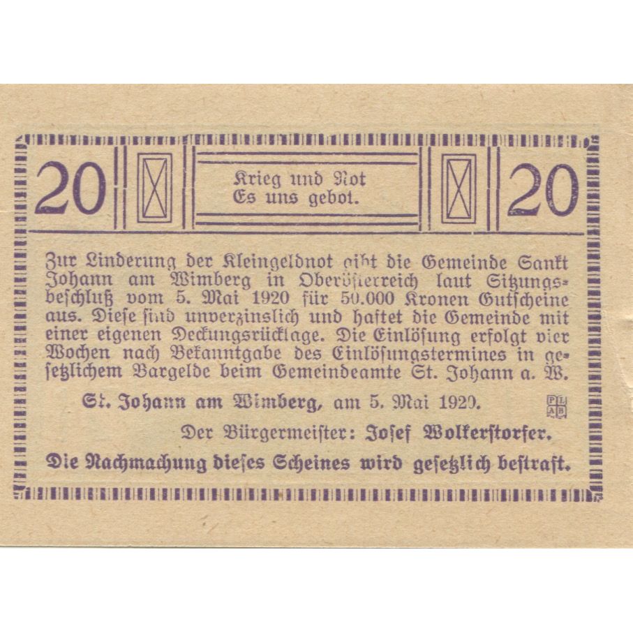 Banknote, Austria, St Johann, 20 Heller, ferme, 1920, UNC(63), Mehl:FS 894aa