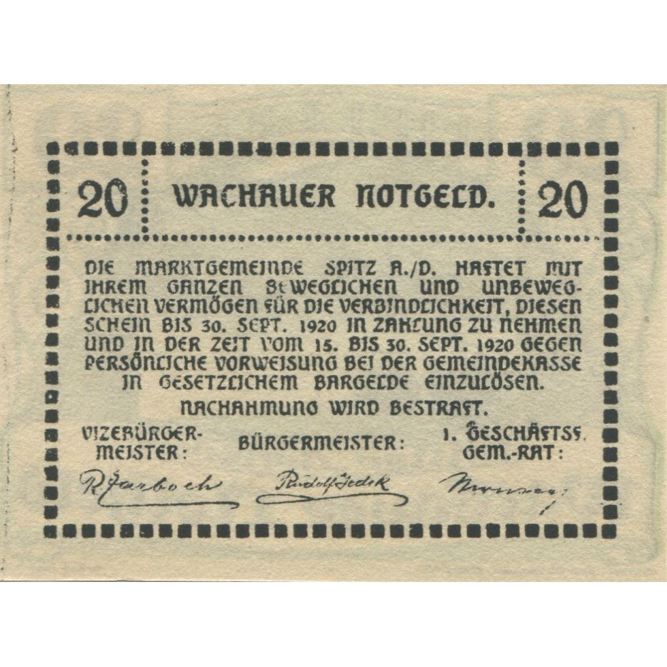 Geldschein, Österreich, Wachauer, 20 Heller, fleuve, 1920 UNZ- Mehl:FS 1122