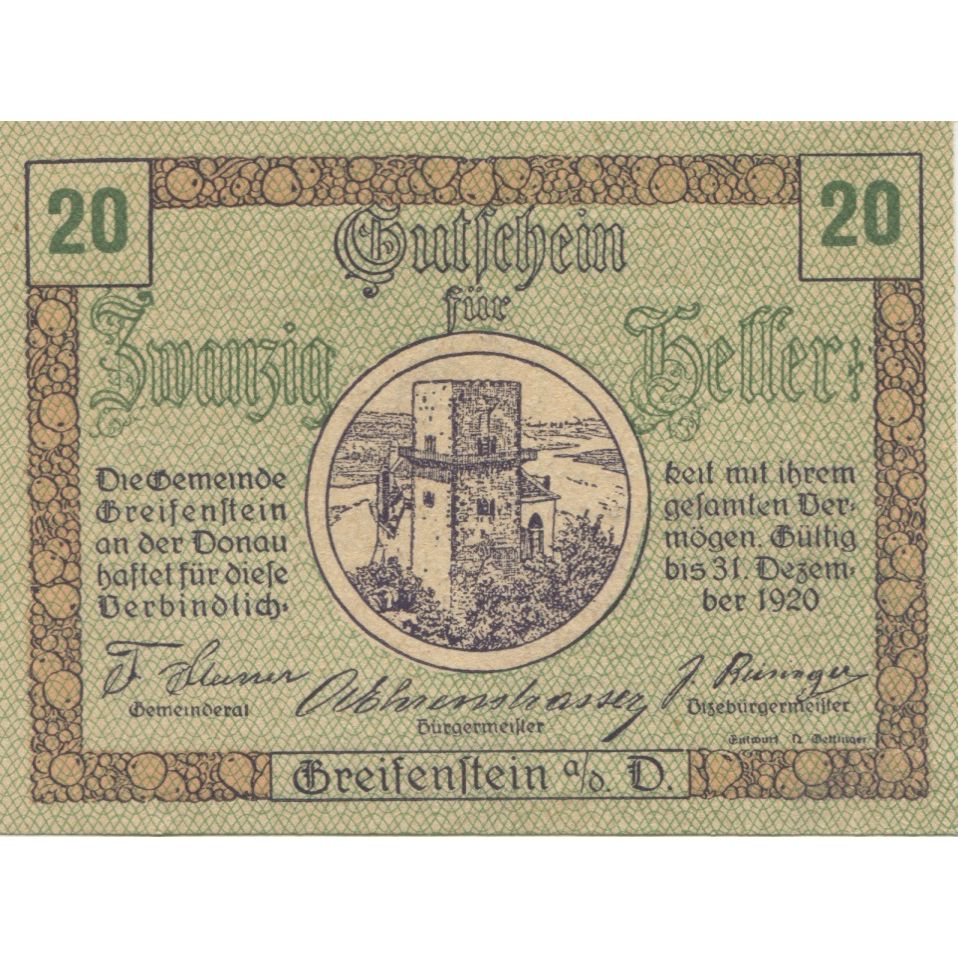 Banknot, Austria, Seitenstetten, 20 Heller, château 1920 UNC(63) Mehl:FS 989b