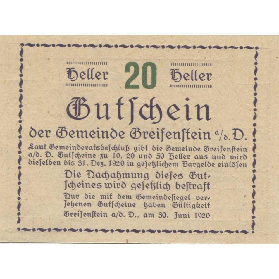 Banknot, Austria, Seitenstetten, 20 Heller, château 1920 UNC(63) Mehl:FS 989b