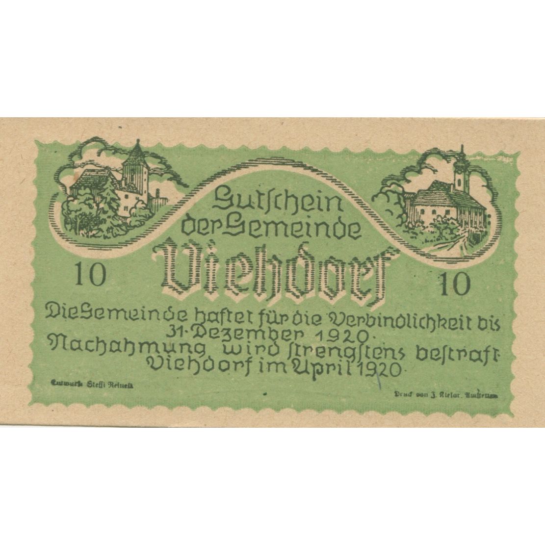 Geldschein, Österreich, Viehdorf, 10 Heller, Eglise, 1920 UNZ- Mehl:FS 1111a