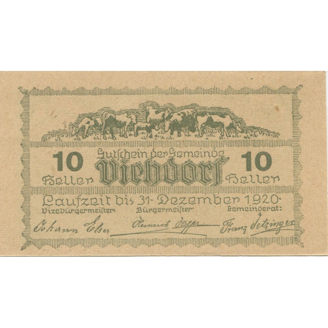 Geldschein, Österreich, Viehdorf, 10 Heller, Eglise, 1920 UNZ- Mehl:FS 1111a