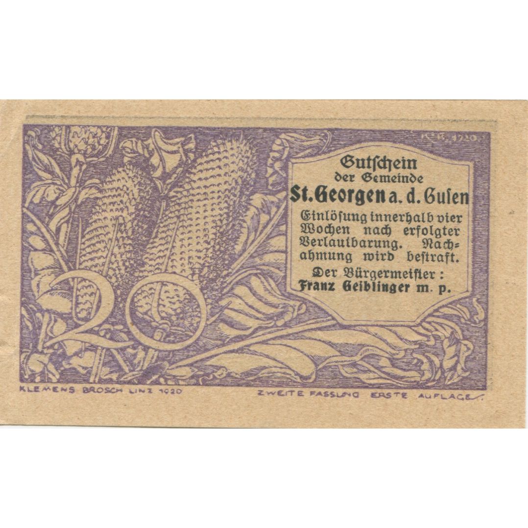 Banknote, Austria, St Georgen, 20 Heller, épis, 1920, UNC(63), Mehl:FS 886IIb