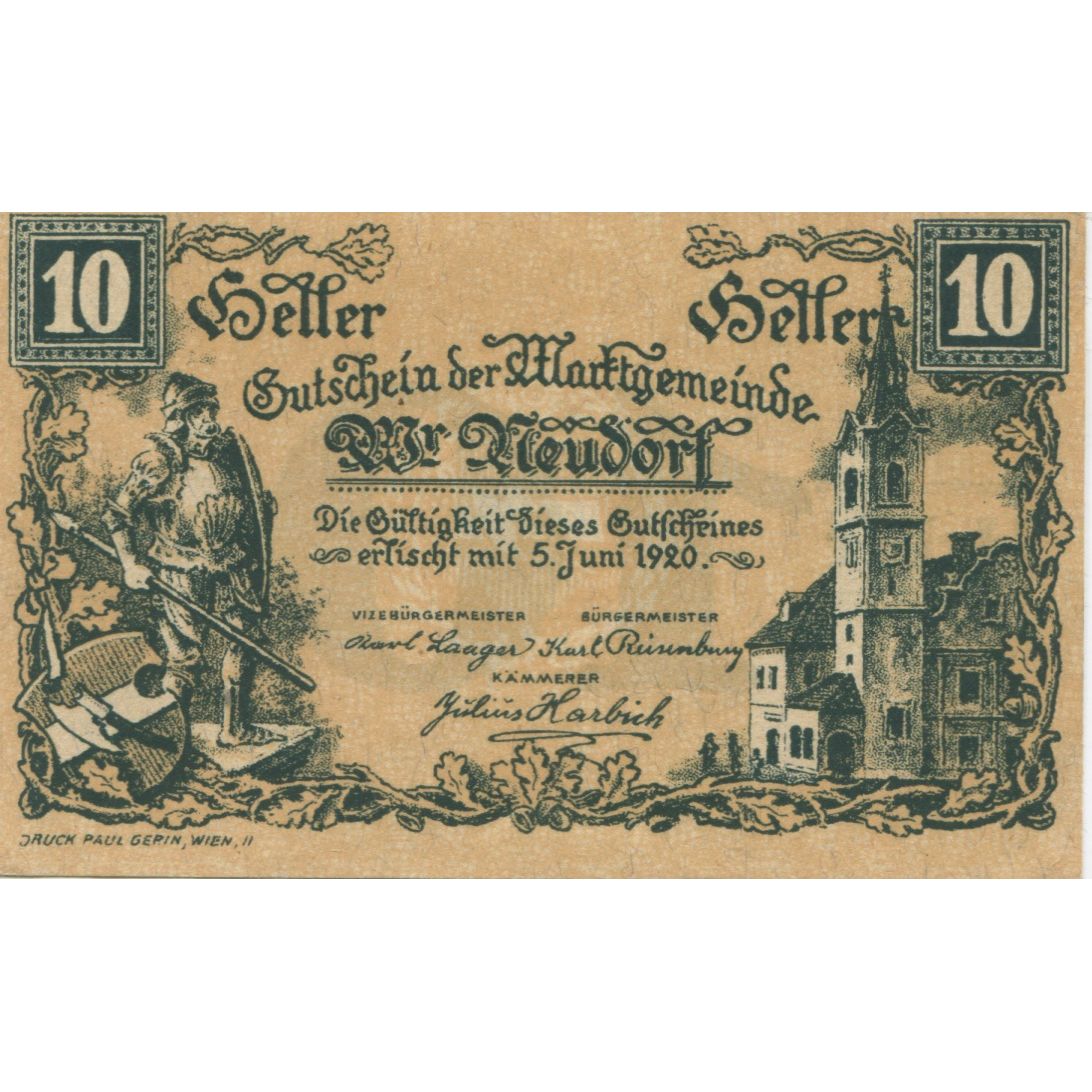 Geldschein, Österreich, Neudorf, 10 Heller, Eglise, 1920 UNZ- Mehl:FS 1229Ia