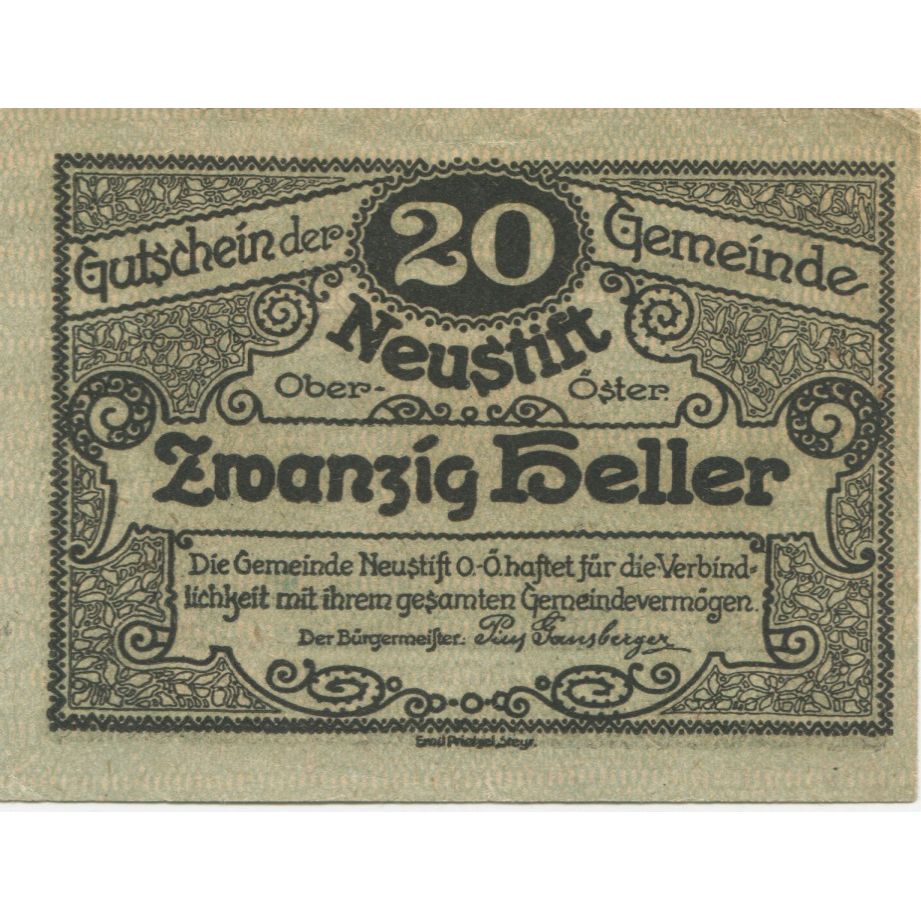 Geldschein, Österreich, Neustift, 20 Heller, village, 1920 UNZ- Mehl:FS 666ax