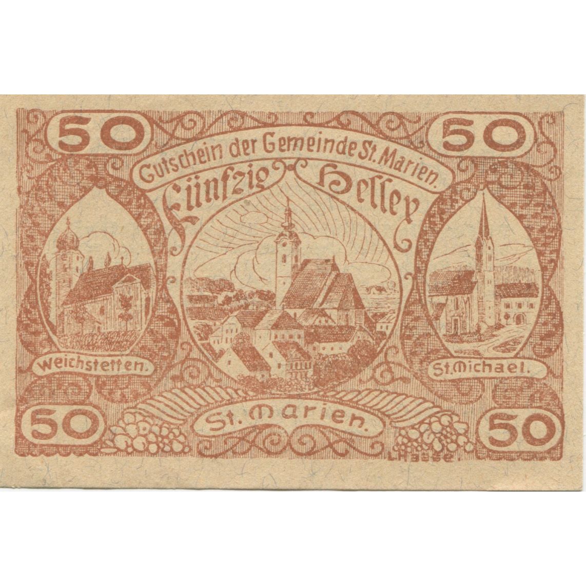 Geldschein, Österreich, St Marien, 50 Heller, Eglise, 1921 UNZ- Mehl:FS 907