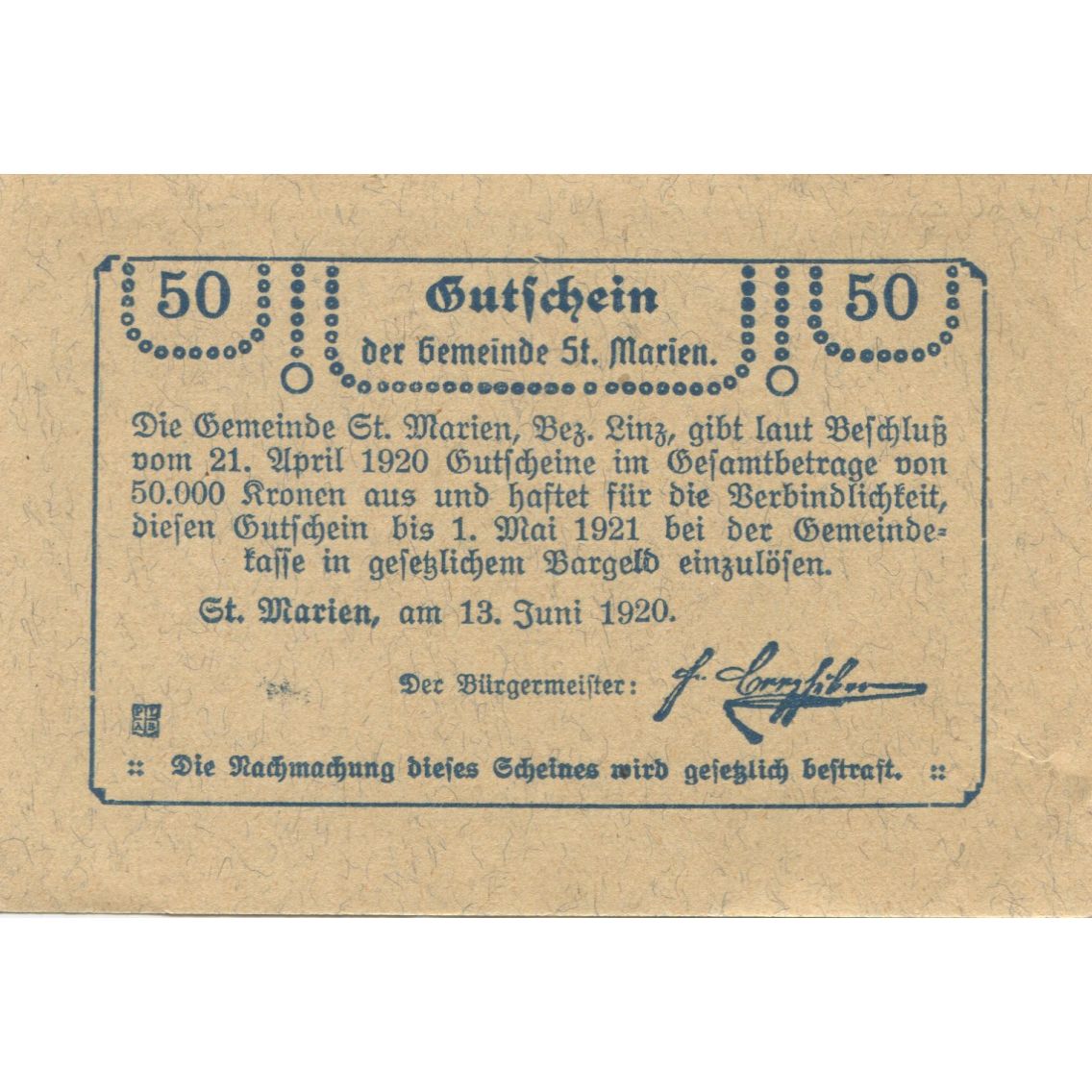 Geldschein, Österreich, St Marien, 50 Heller, Eglise, 1921 UNZ- Mehl:FS 907