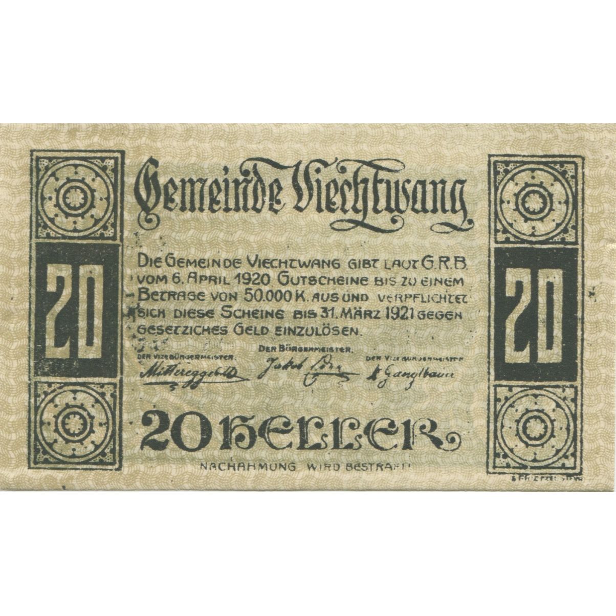 Geldschein, Österreich, Viechtwang, 20 Heller, Eglise, 1921 UNZ- Mehl:FS 1109