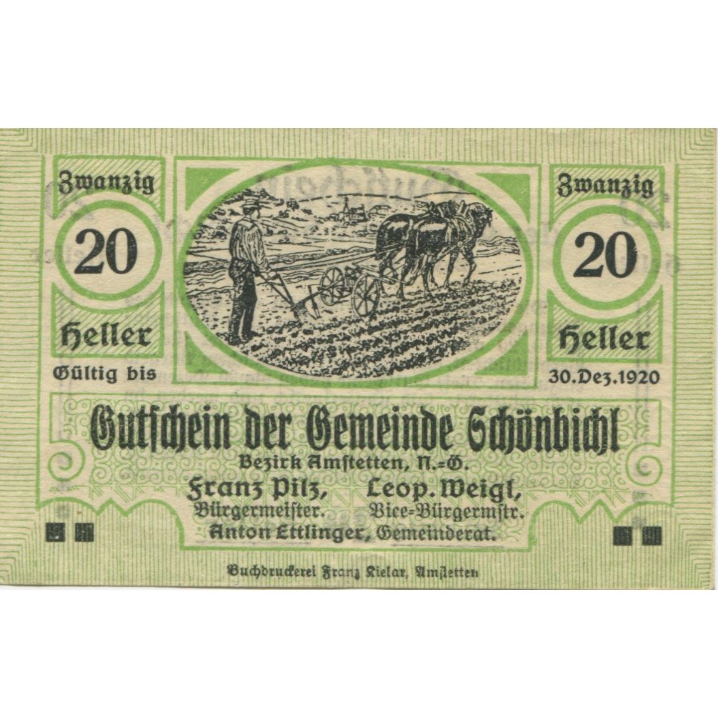 Banknote, Austria, Schonbichl, 20 Heller, champs, 1920 UNC(63) Mehl:FS 969Ib